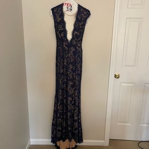 Jovani Navy Blue Lace Ball Gown Size 8